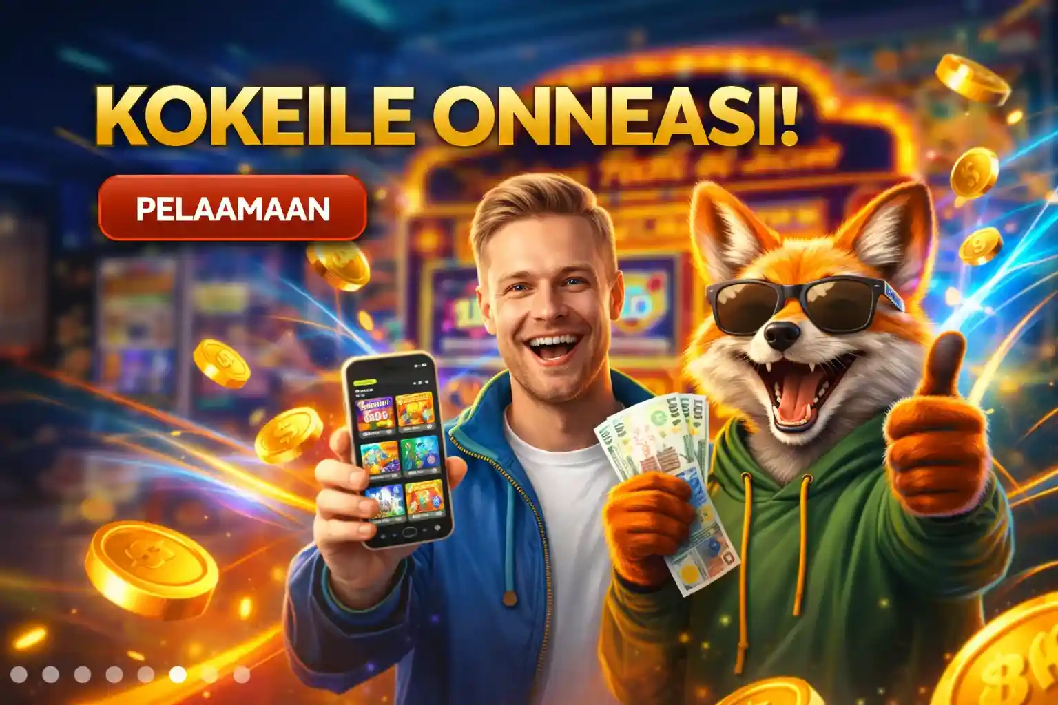 Nettikasino pelaaminen Iloinen pelaaja ja kettu pelaavat mobiilikasinopelejä Suomessa