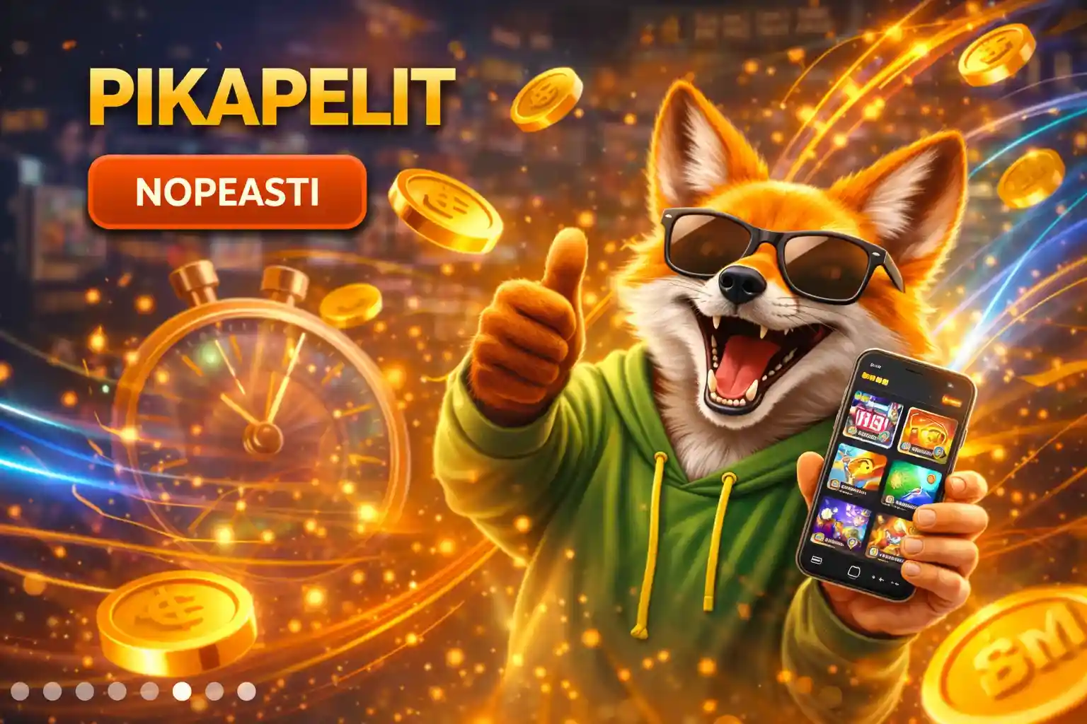 Pikapelit nopeasti Kettu pelaa nopeita pikapelejä mobiililaitteella iloisena